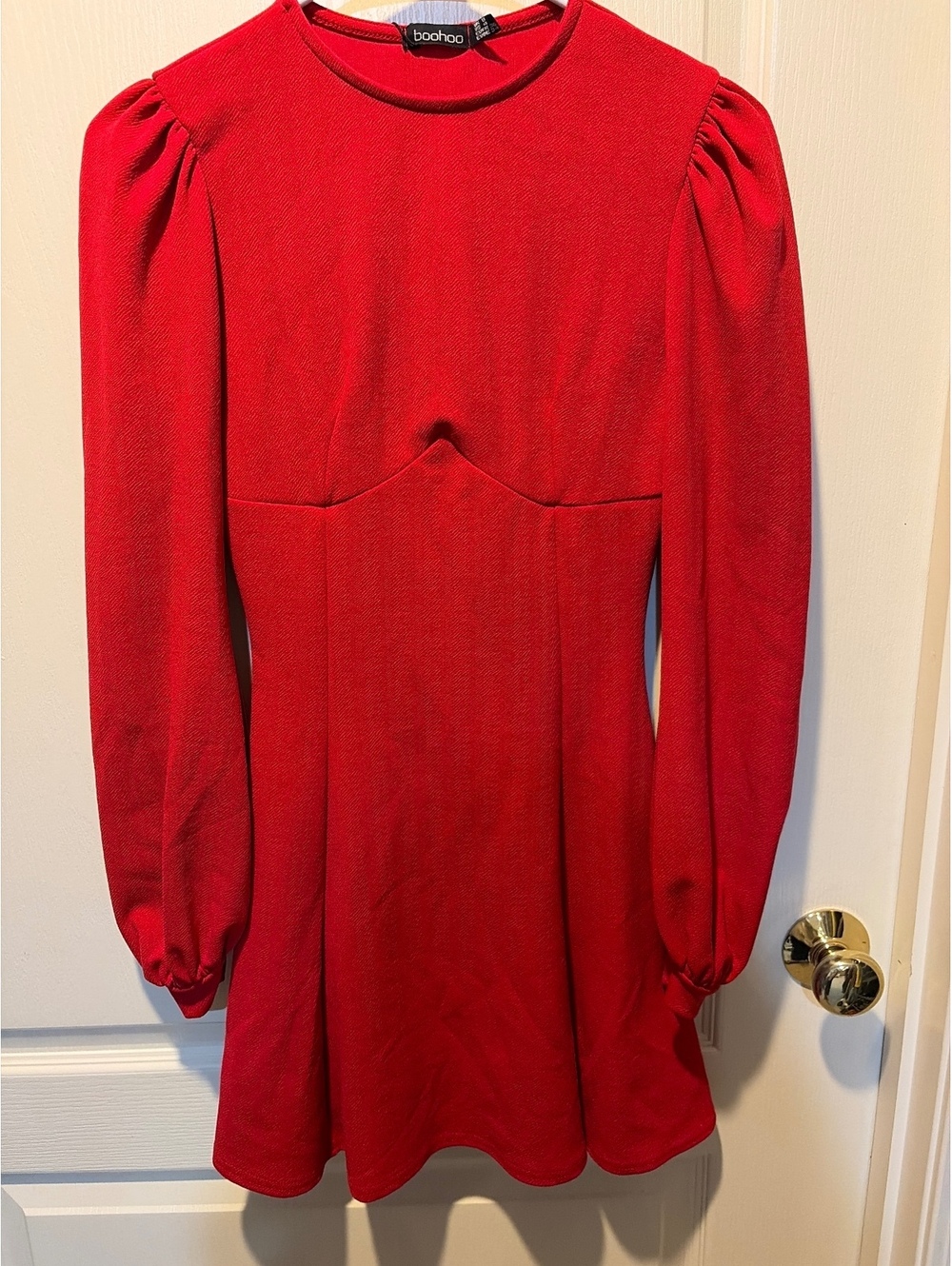 Boohoo Red Long Sleeve Mini Dress with Puff Shoulders